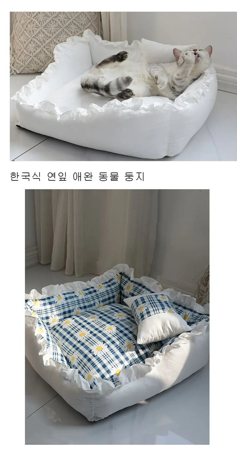 Pet Dog Lace Bed Cat Bed Cute Puppy Square Sleeping Cushion Bed Cat Sofa Warming Dog Nest with Pillow Washable Pet Bed S~L