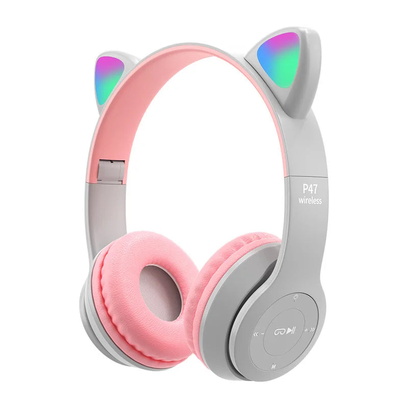Flash Lamp Cute Cat Ears Headphone Bluetooth5.0 Stereo With Mic Support TF Card Wireless Kids Girl Earphone Birthday Gift