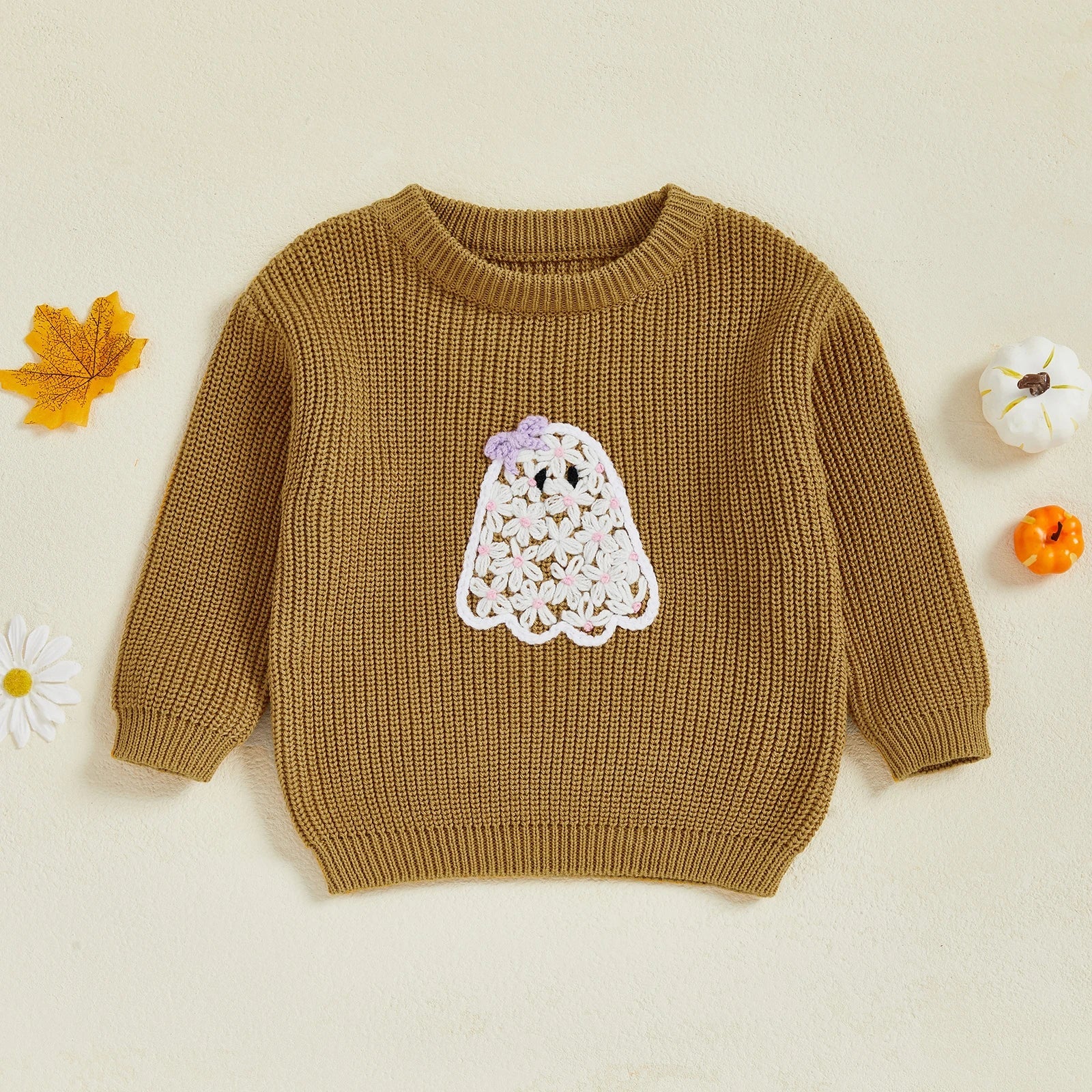 Baby Toddler Kids Girl Halloween Sweater Long Sleeve Round Neck Ghost Flower Embroidery Knit Pullover Top