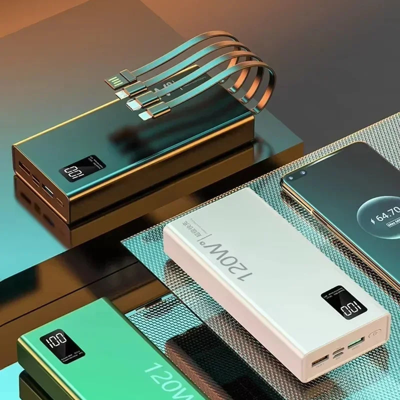 120W 50,000mAh Power Bank with Built-In 4-in-1 Cables — Fast Portable Charger with LED Display
