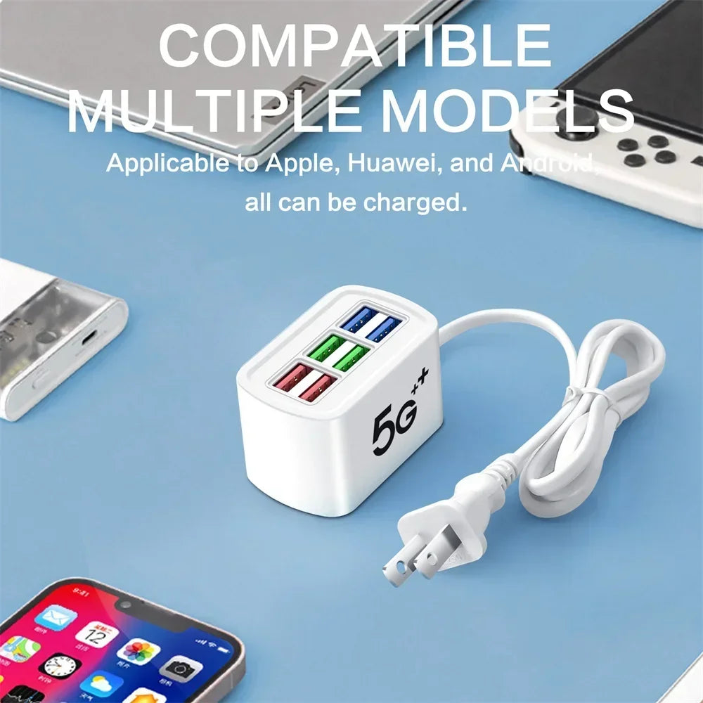 6-Port USB Travel Charger Hub – 120W Fast Charging Power Strip with EU & US Plug, Universal USB AC Adapter
