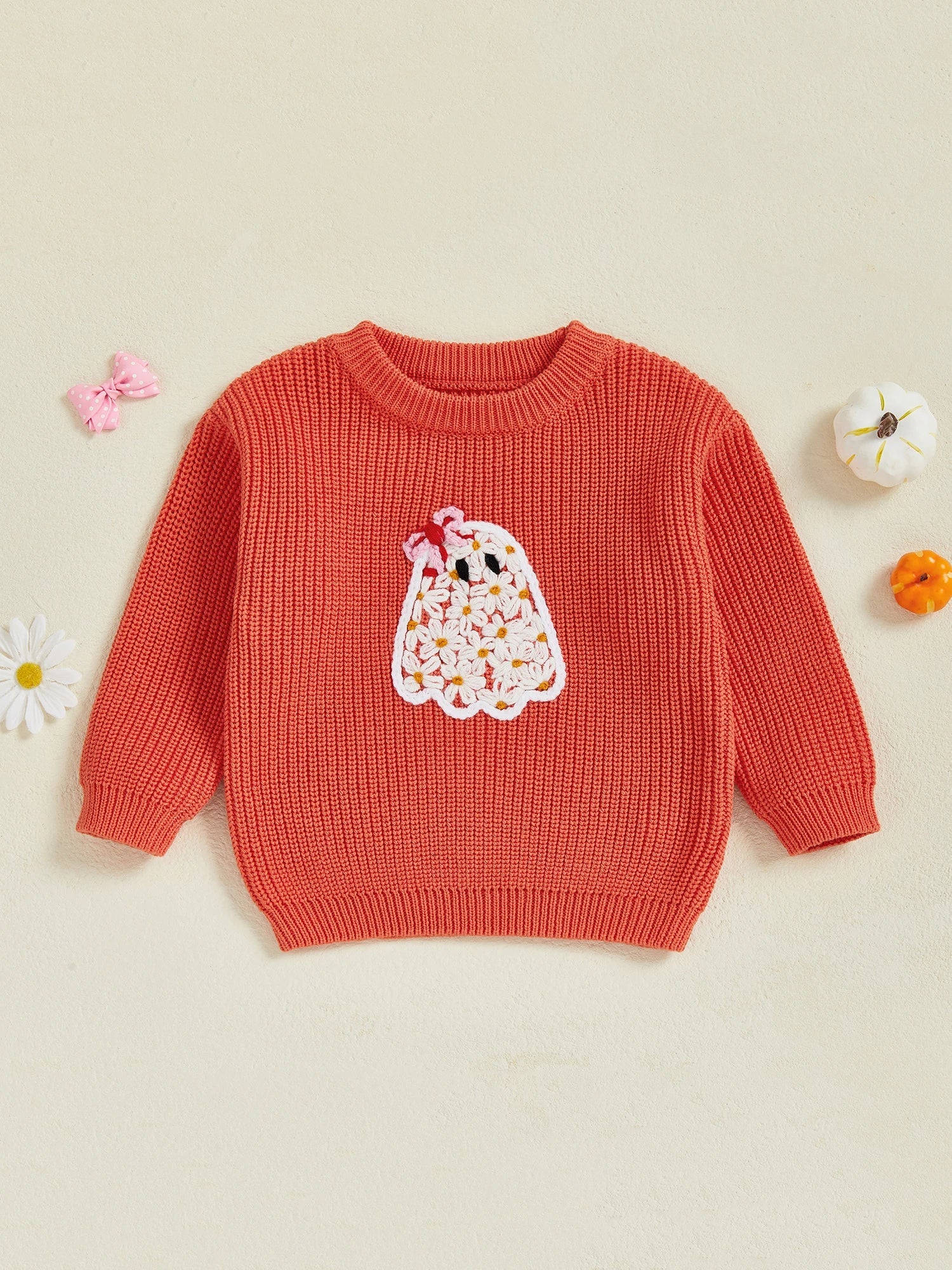 Baby Toddler Kids Girl Halloween Sweater Long Sleeve Round Neck Ghost Flower Embroidery Knit Pullover Top