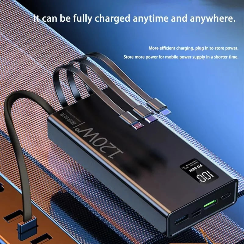 120W 50000mAh 4-in-1 Fast Charging Power Bank with Built-in Cables – Portable Charger for Smartphones & Tablets