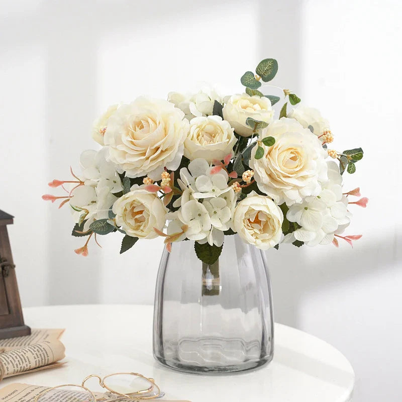 Artificial Flowers Retro Silk Rose Bouquet Hydrangea Peony Vintage Bride Holding Fake Plants Home Wedding Decoration Accessories