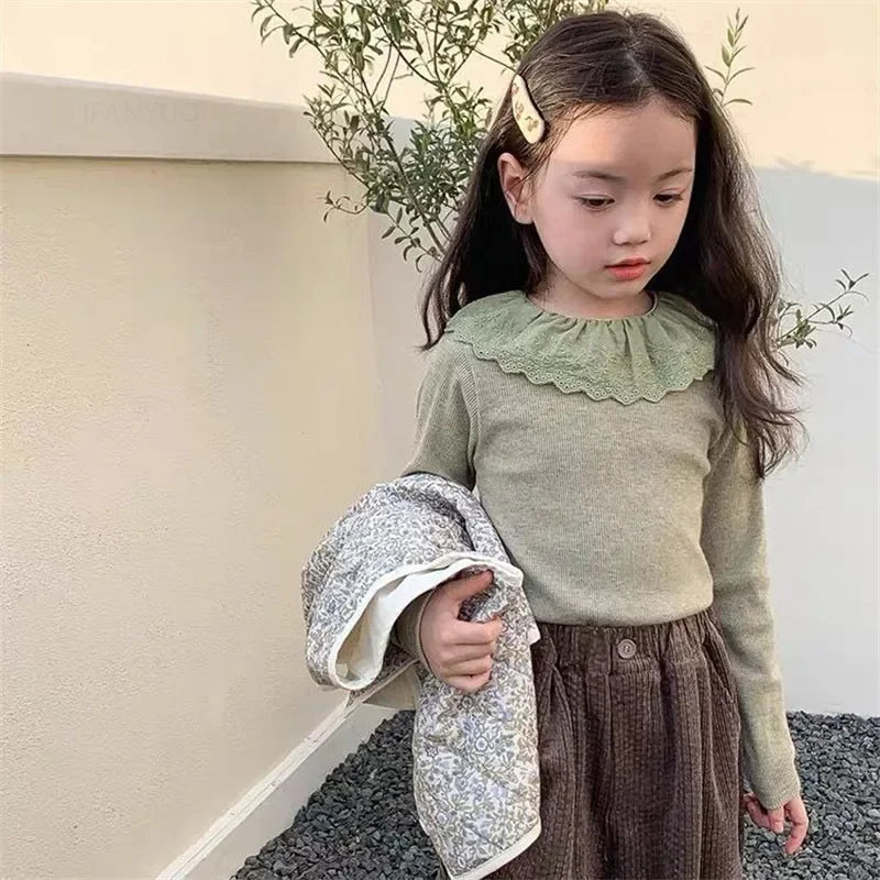 1-12 Years Girls Long Sleeve Lace T-Shirt – Spring Knitted Top with Ruffle Collar, Korean Style Children’s Shirt 2025