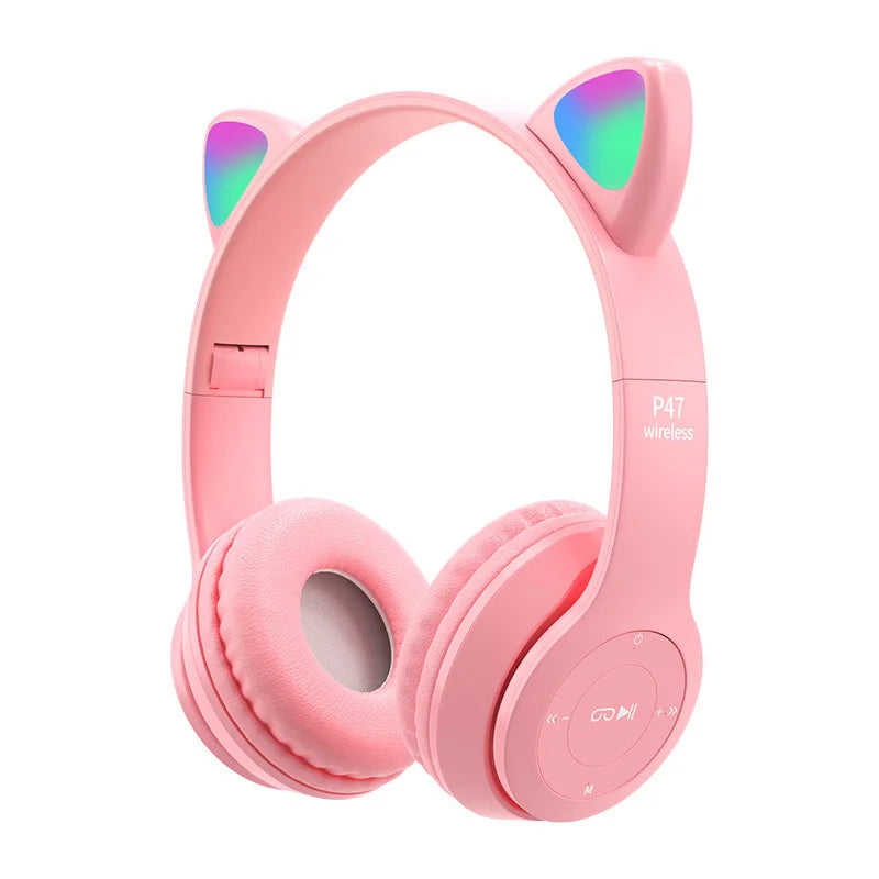 Flash Lamp Cute Cat Ears Headphone Bluetooth5.0 Stereo With Mic Support TF Card Wireless Kids Girl Earphone Birthday Gift