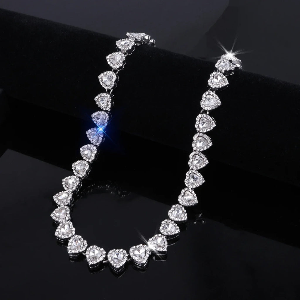 Yupsk 45CM/20CM Shiny Heart Rhinestone Hip Hop Rock Tennis Chain Bracelet Necklace for Women Men Trendy Jewelry Set Gift