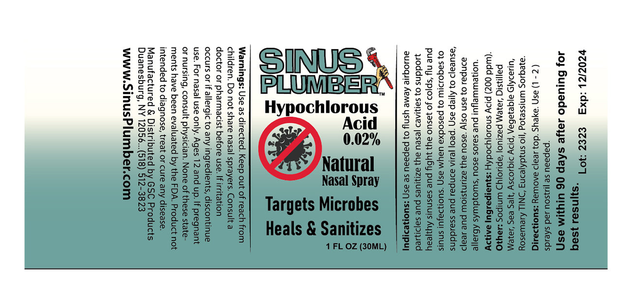 Sinus Plumber Hypochlorous Nasal Spray for Cold and Flu Prevention