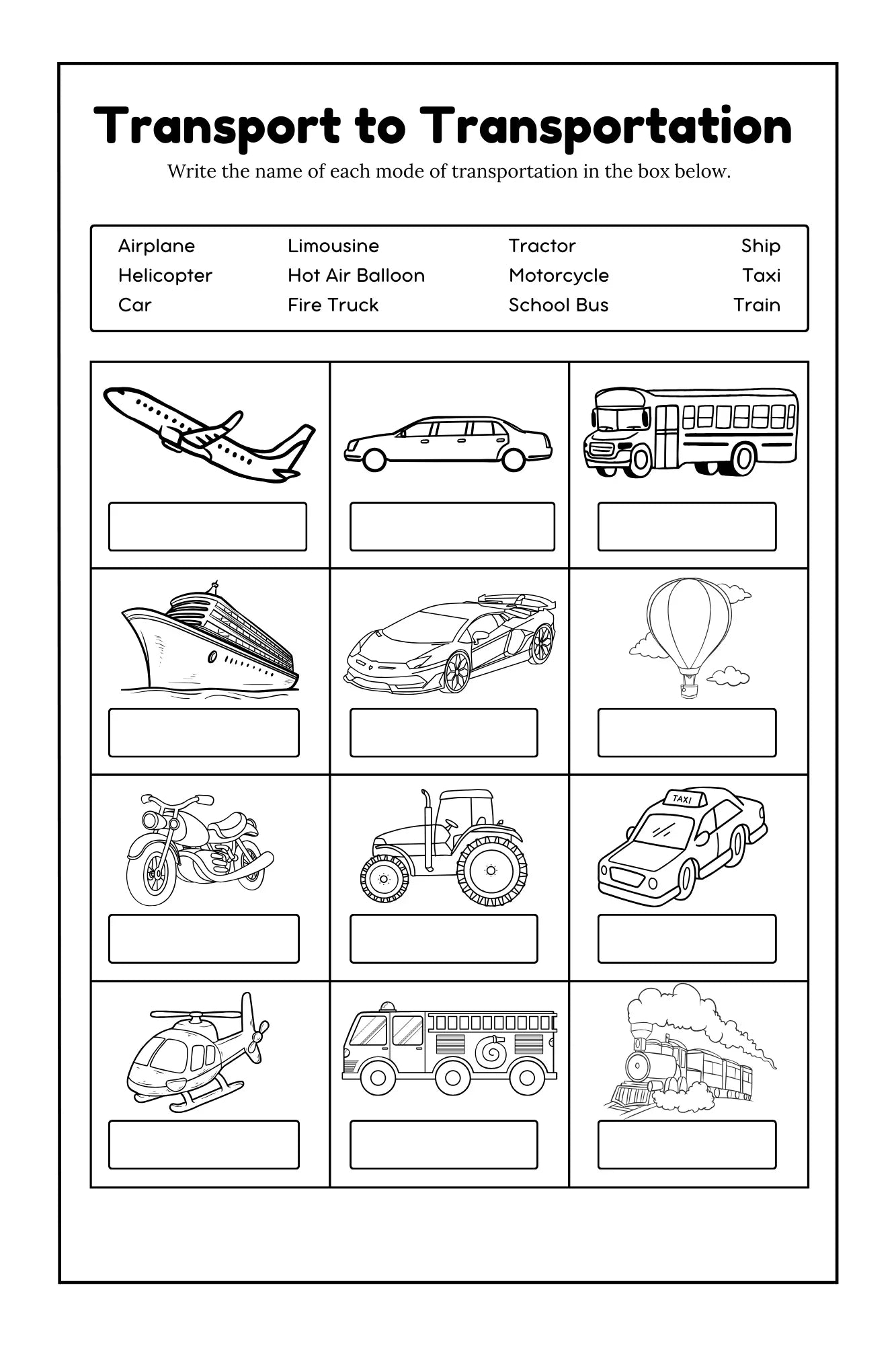 Transport To Transportation: Learn, Trace and Color Modes of Transportation Activity Coloring Book