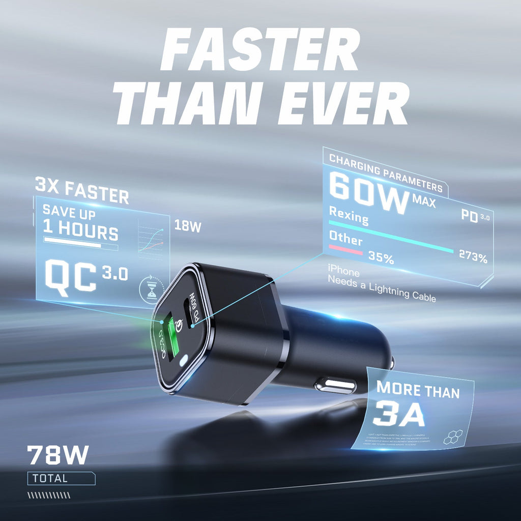 REXING JETSPEED Black 78W PowerDelivery+ USB-C/USB Car Charger with Cables