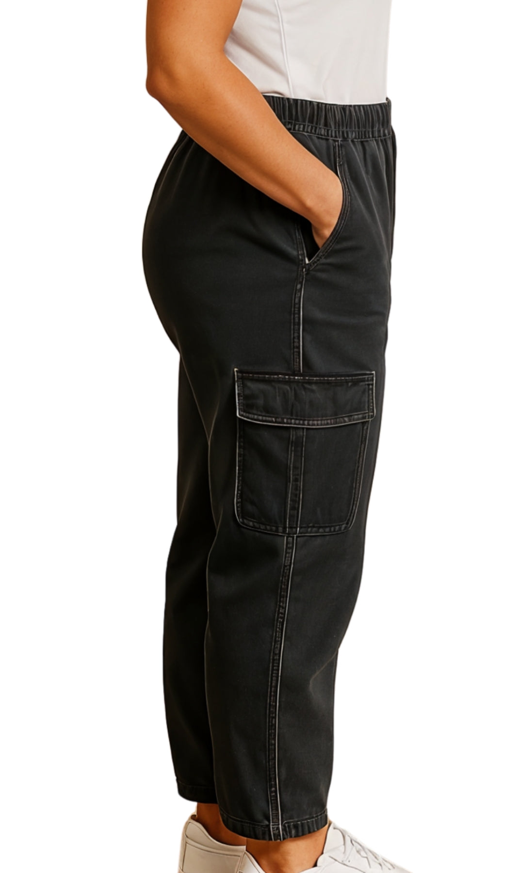 Women's Lightweight Elastic Stretch Waist Casual Denim Pull-on Cargo Pants
