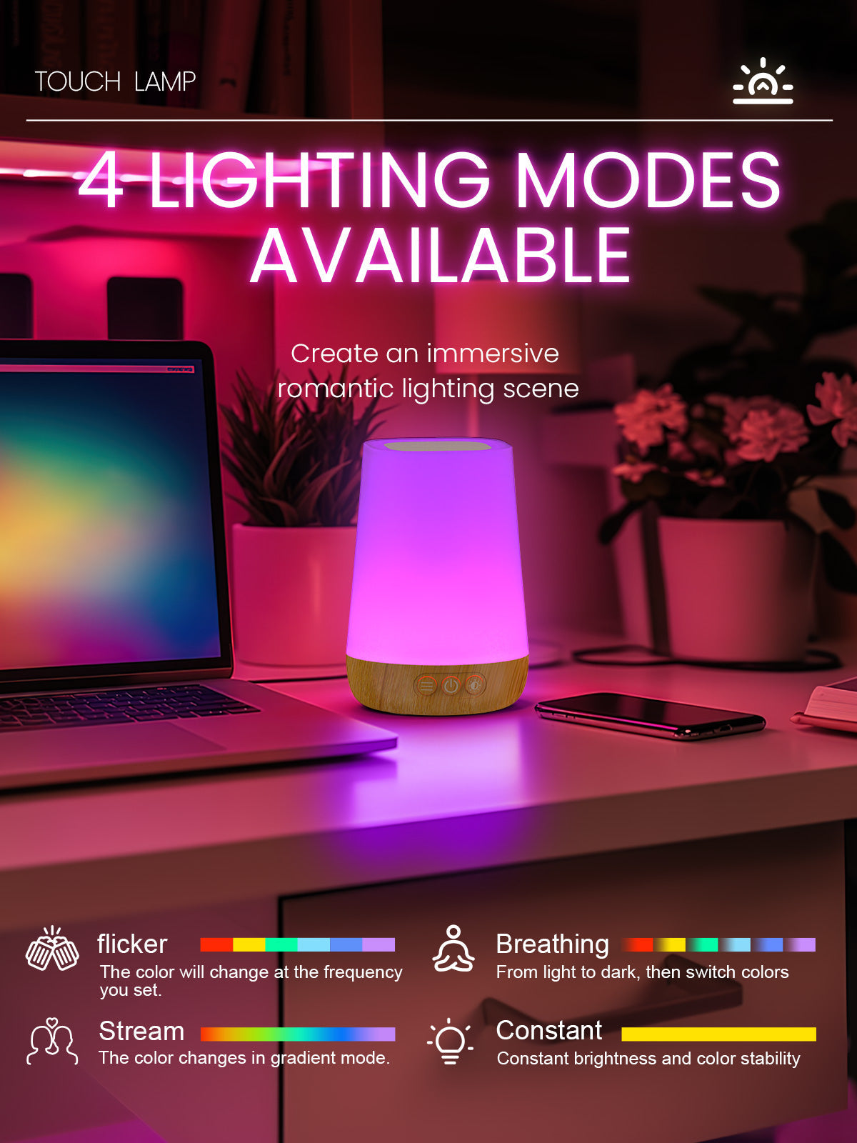 Touch Bedside Table Lamp,4 LIGHTING MODES AVAILABLE,  Rechargeable Desk Lamp, Dimmable Night Light with RGB Color Changing,Portable Lamp for Baby, Bedroom, Living Room