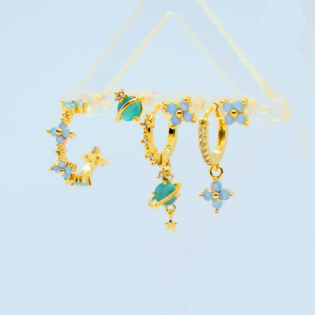 Multi Sets of Blue Flower Pierced Earrings, 4-6pcs, 18k Gold Plated Stud Drop Hoop Huggie Cuff Chain, S925 Needle, Stacked Lobe Designs with Dazzling Zirconia