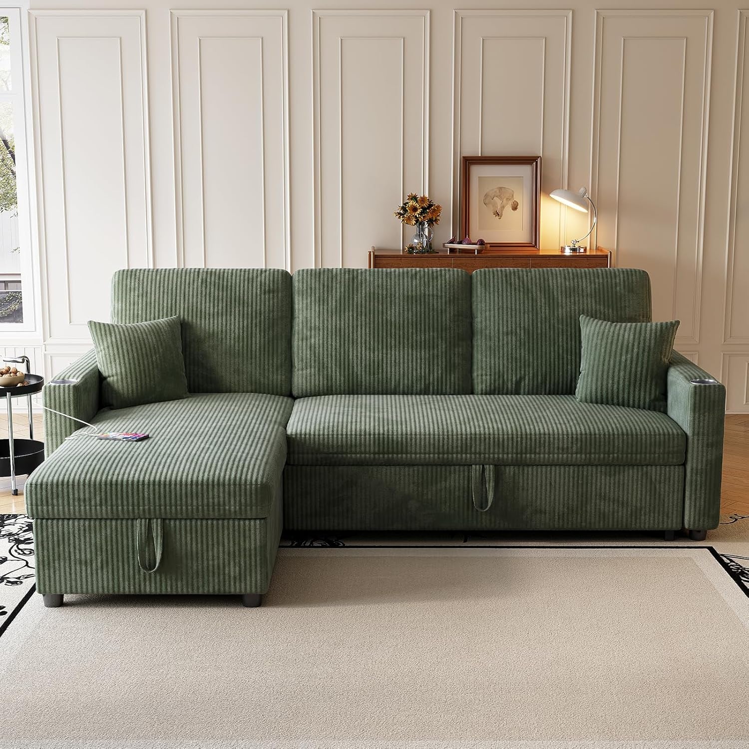 Luxurious Corduroy Green 83-Inch Sleeper Sectional Sofa