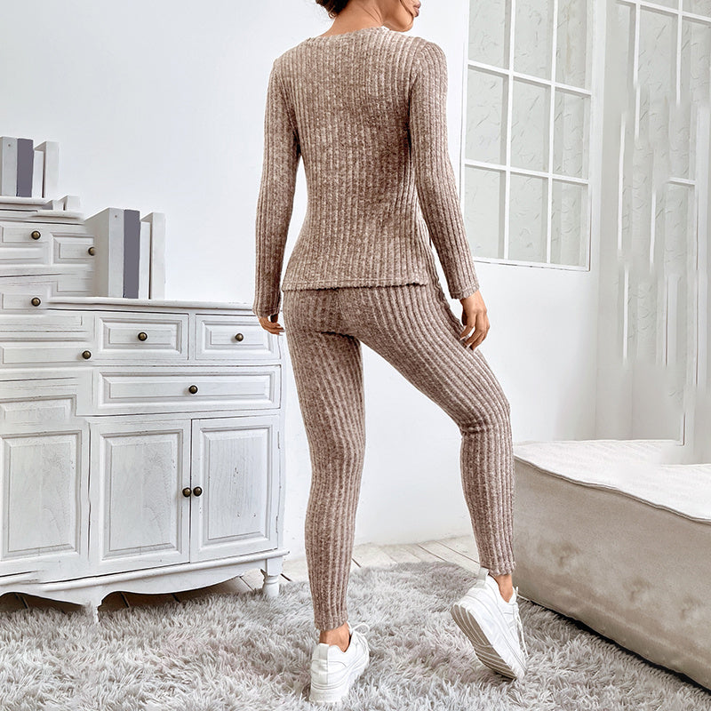 Women’s Ribbed Knit Long‑Sleeve Tee & Pants Set