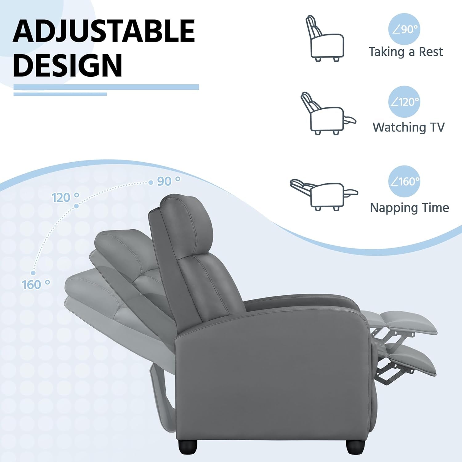 Gray PU Leather Recliner Chair With Lumbar Support