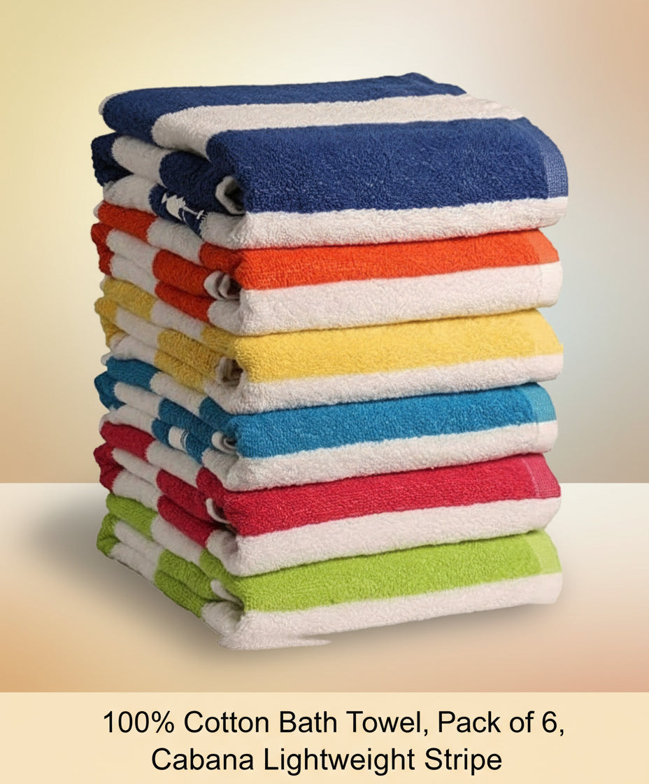 100% Cotton Bath Towel, Pack of 6, Cabana Lightweight Stripe
