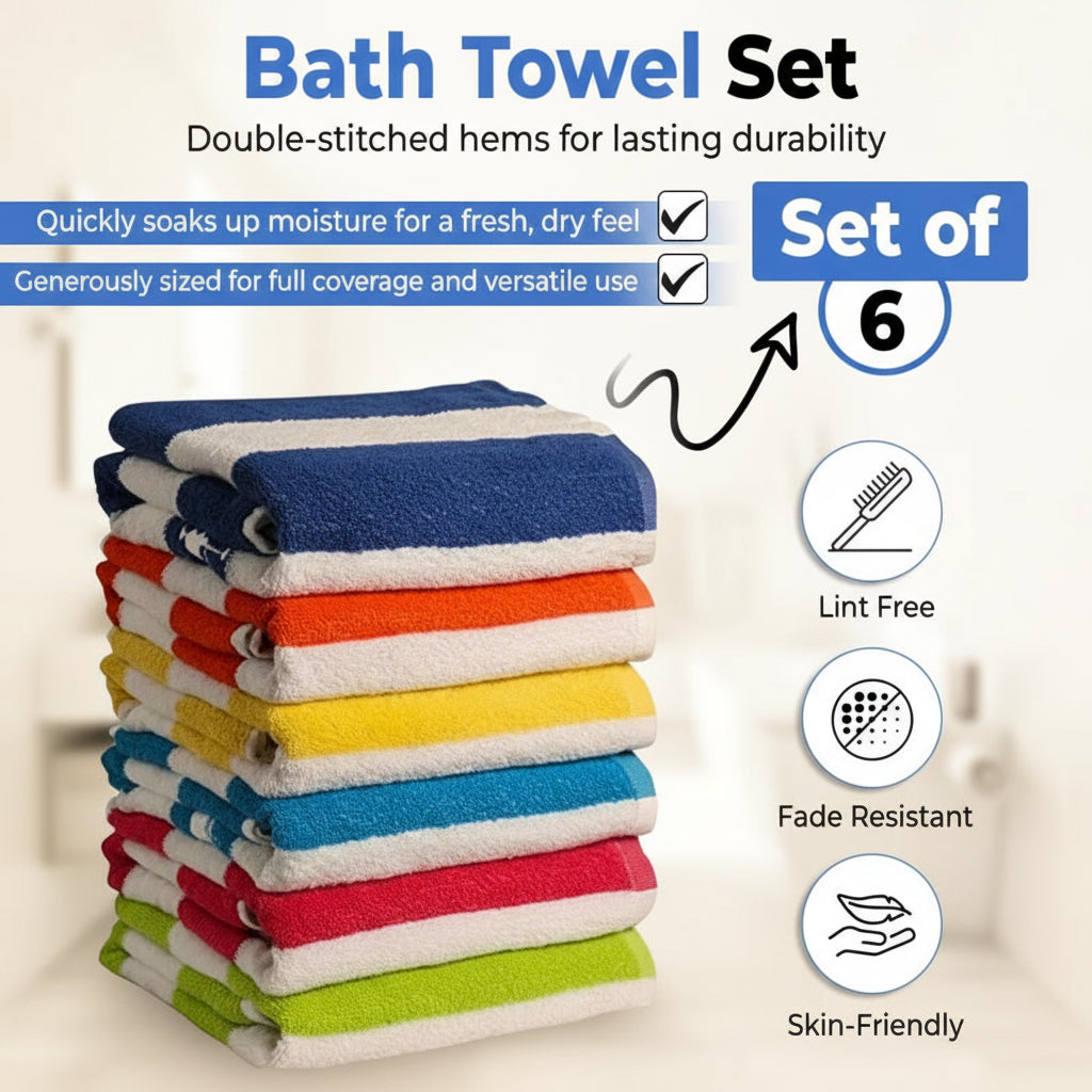 100% Cotton Bath Towel, Pack of 6, Cabana Lightweight Stripe