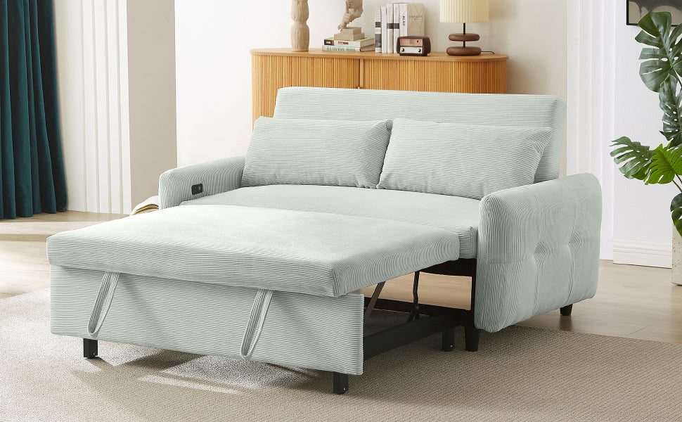 Modern Convertible Pull-out Sofa Bed Loveseat with USB Ports, Light Grey-Green Corduroy, 57.48 Inches