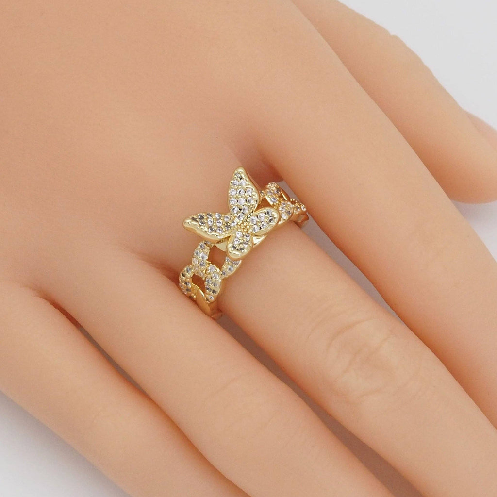 Gold CZ Butterfly On Cuban Link Adjustable Ring, Sku#LD430