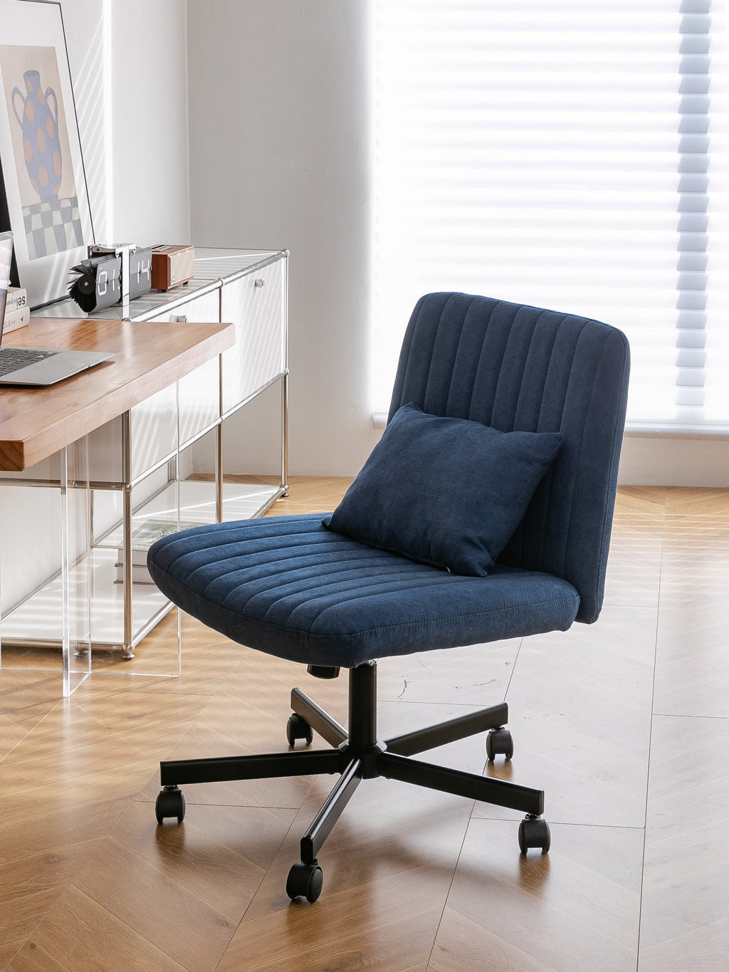 Swivel Office Chair Linen Blue Criss Cross Memory Foam 360 Degree 25.2 In