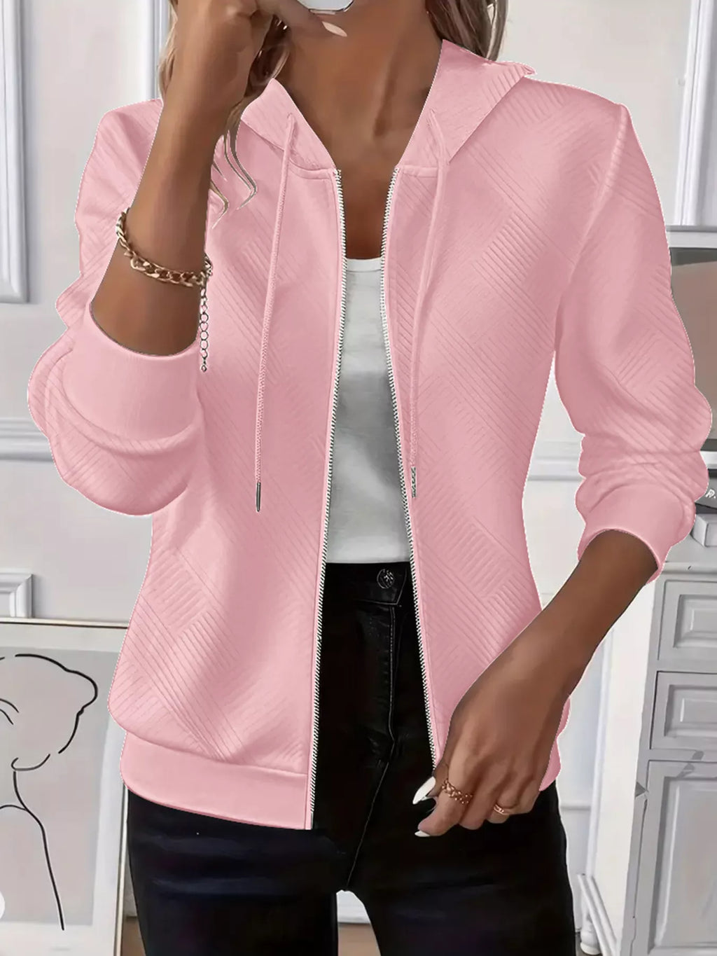 Texture Zip-Up Hoodie with Drawstring