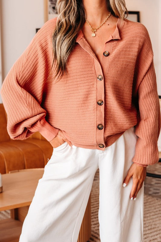 Ribbed Knit Button Front Dolman Sleeve Sweater Car