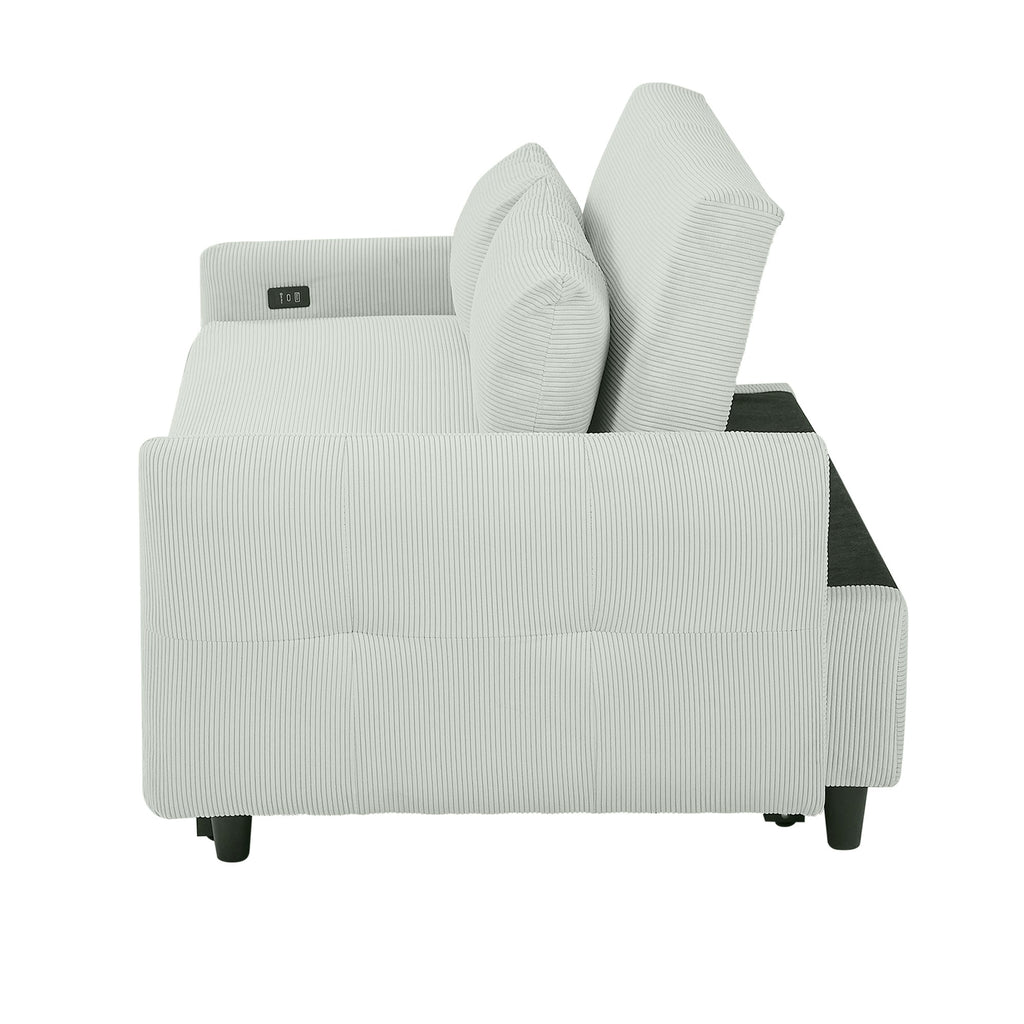 Modern Convertible Pull-out Sofa Bed Loveseat with USB Ports, Light Grey-Green Corduroy, 57.48 Inches