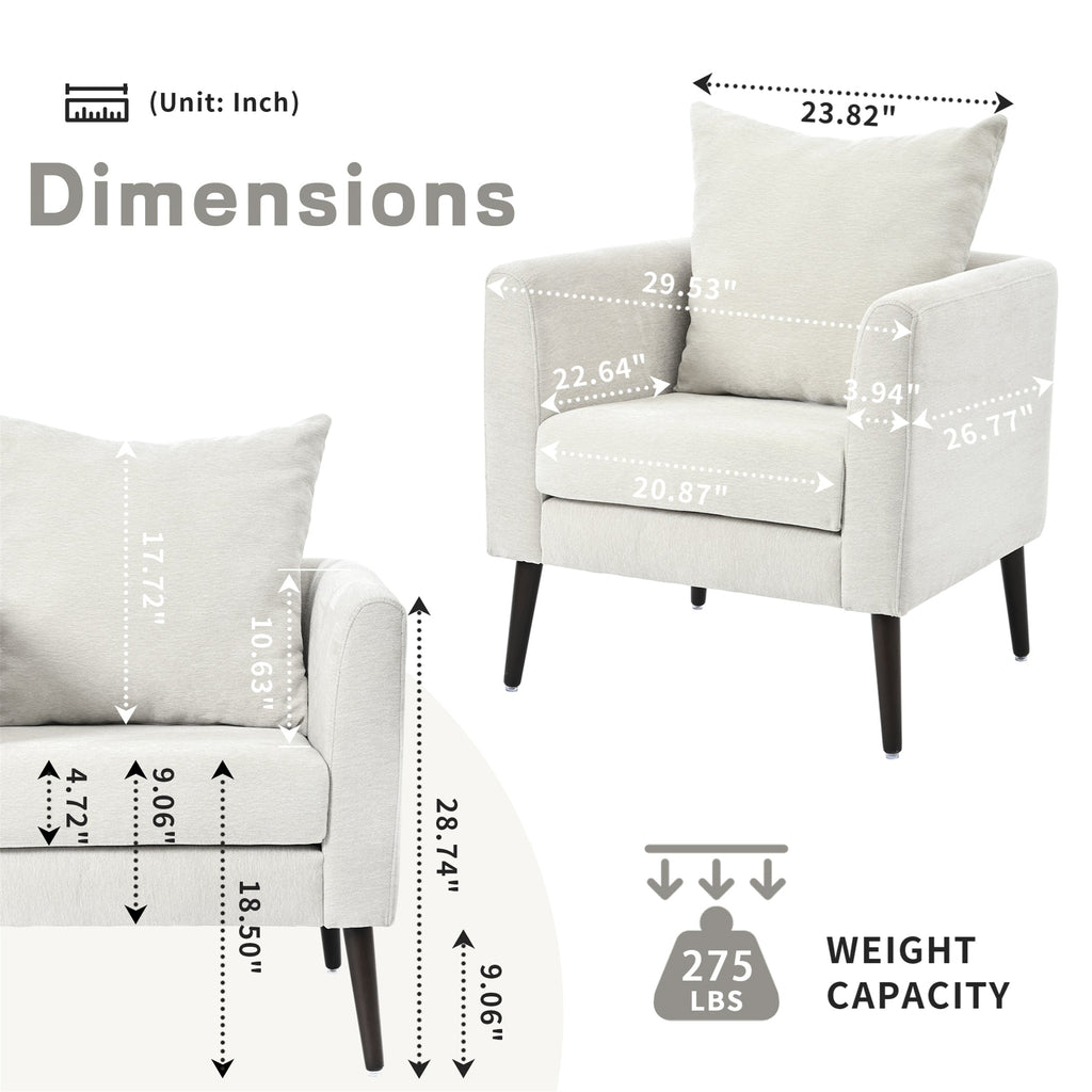 Modern Chenille Accent Chair, Upholstered Armchair for Living Room, Mid Century Fabric Lounge Chair w/Pillow, Comfortable Reading Chair with Wood Legs for Living Room, Bedroom, Reception Room (Beige)