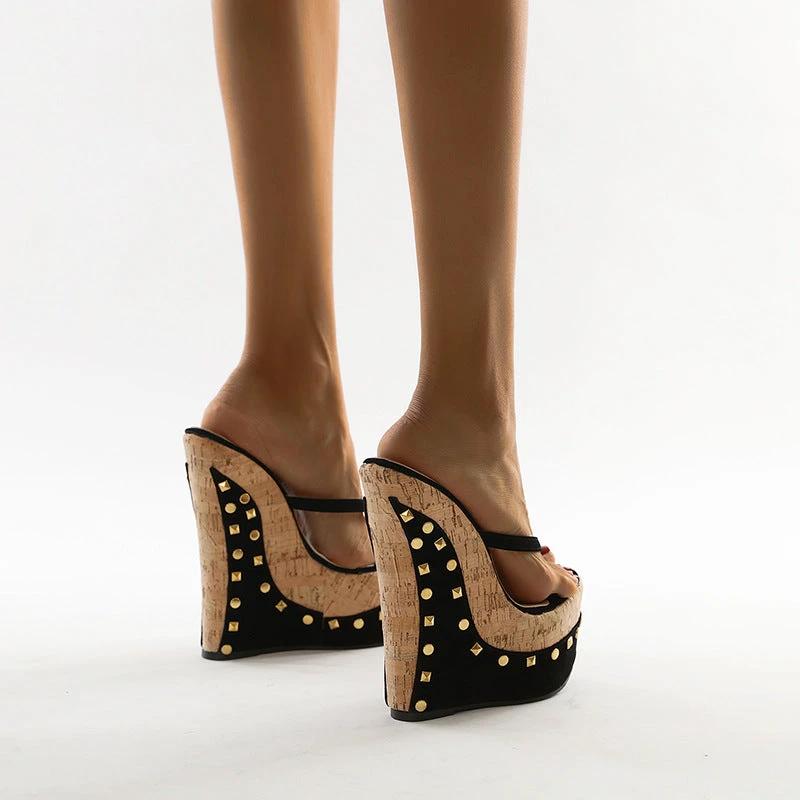 Roman Style Rivets Herringbone Flip Flops Wood Grain Wedge High Heels