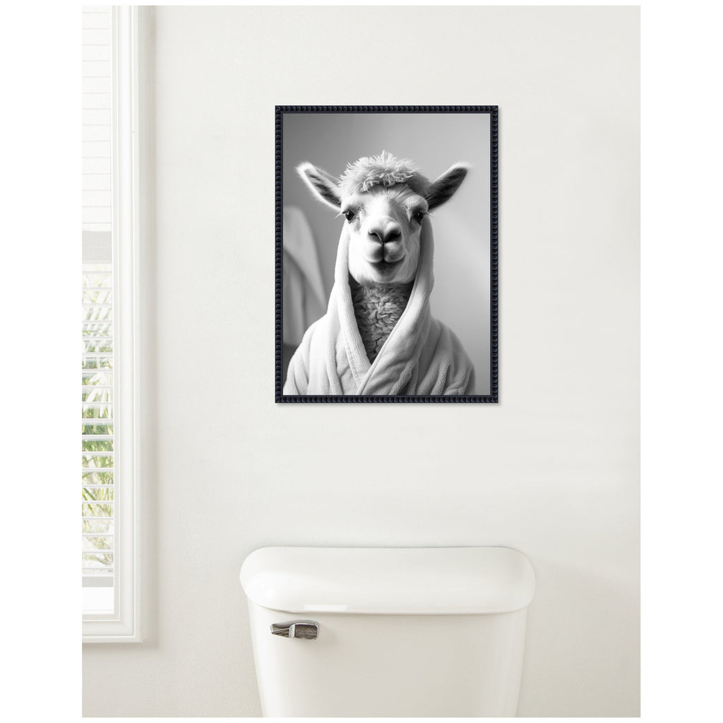 Sylvie Llama Bathroom Art Towel Robe Black and White Framed Canvas by The Creative Bunch Studio
