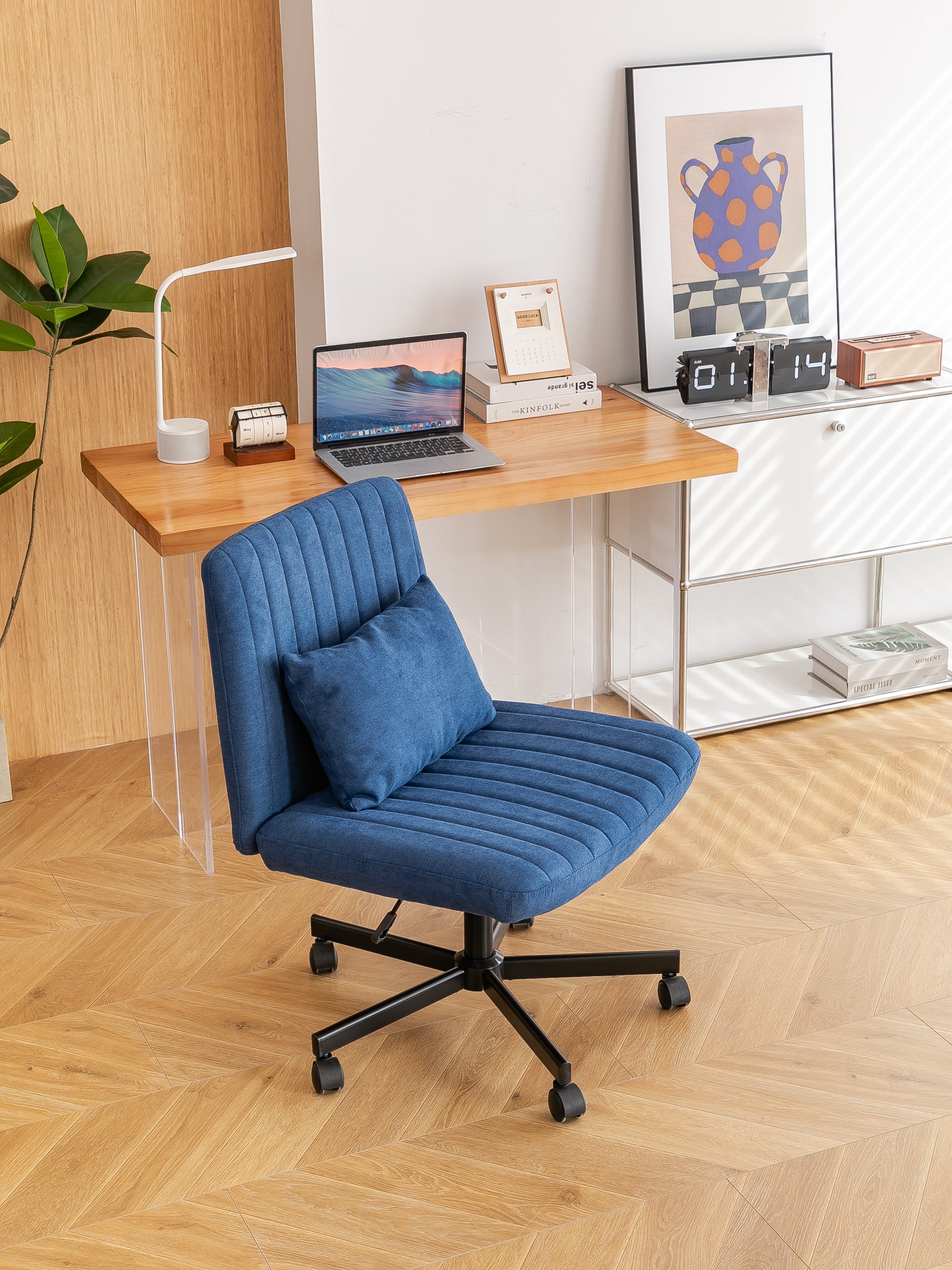 Swivel Office Chair Linen Blue Criss Cross Memory Foam 360 Degree 25.2 In
