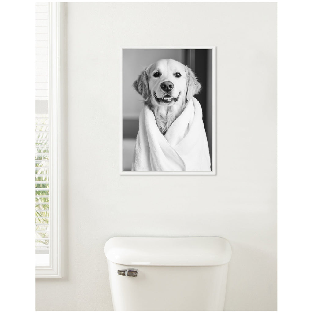 Sylvie Golden Retriever Bathroom Towel Robe Black and White Framed Canvas by The Creative Bunch Studio