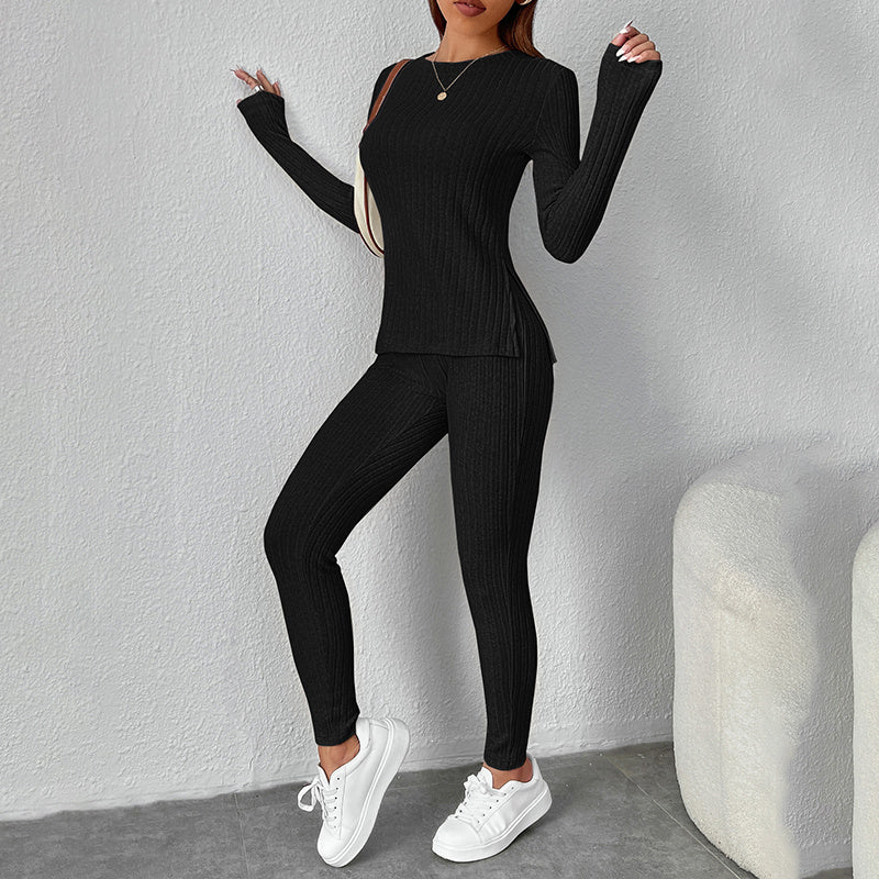 Women’s Ribbed Knit Long‑Sleeve Tee & Pants Set