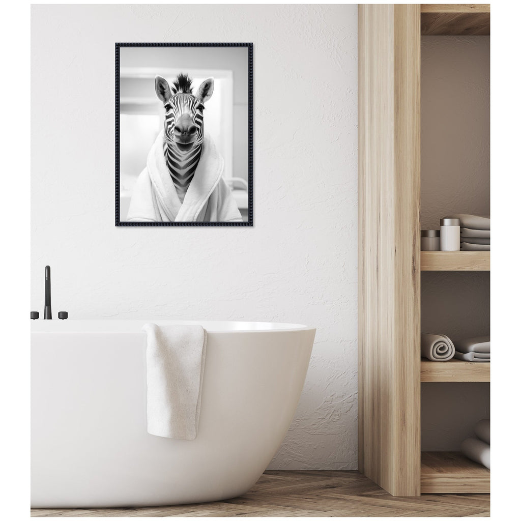 Sylvie Zebra Bathroom Art Towel Robe Black and White Framed Canvas by The Creative Bunch Studio