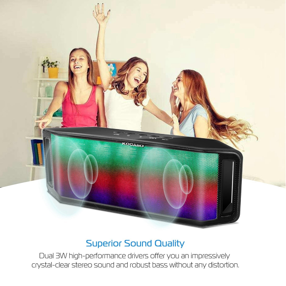 KOCASO LED Wireless Speaker Dynamic Multicolor Hands-free FM Radio USB MMC Reading Aux In for Party Camping Travel