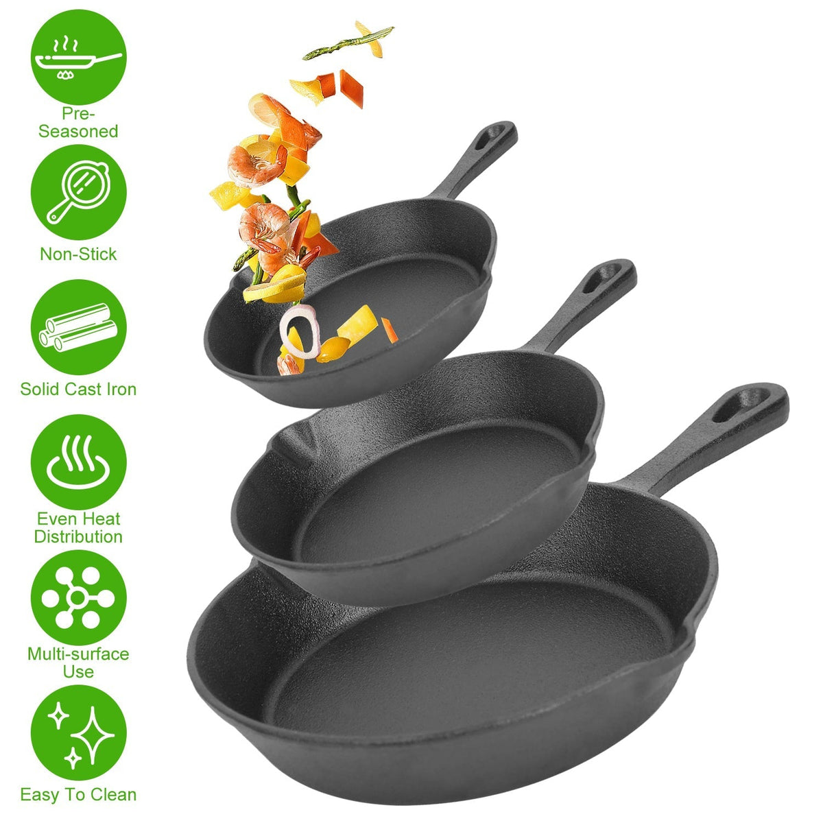 3Pcs Pre-Seasoned Cast Iron Skillet Set 6/8/10in Non-Stick Oven Safe Cookware Heat-Resistant Frying Pan for Frying SautŽing Cooking Baking