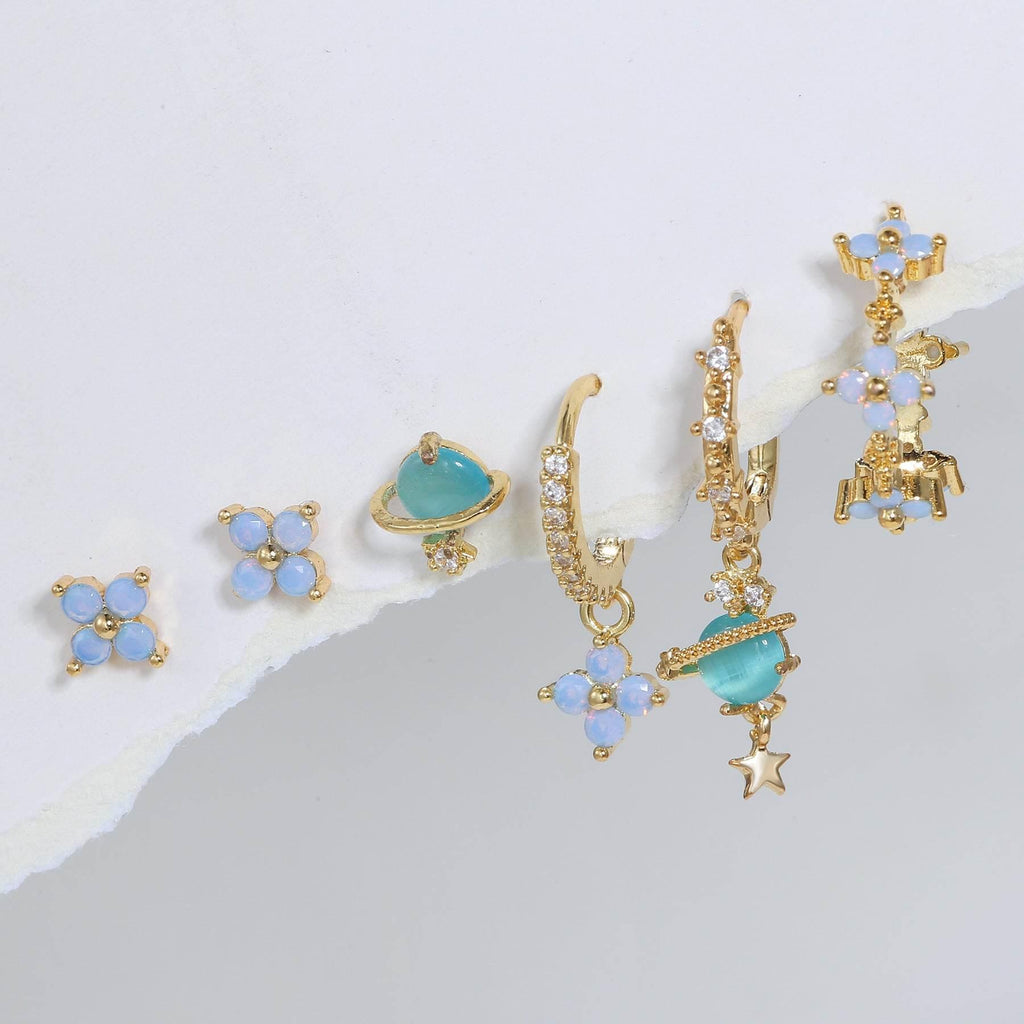 Multi Sets of Blue Flower Pierced Earrings, 4-6pcs, 18k Gold Plated Stud Drop Hoop Huggie Cuff Chain, S925 Needle, Stacked Lobe Designs with Dazzling Zirconia
