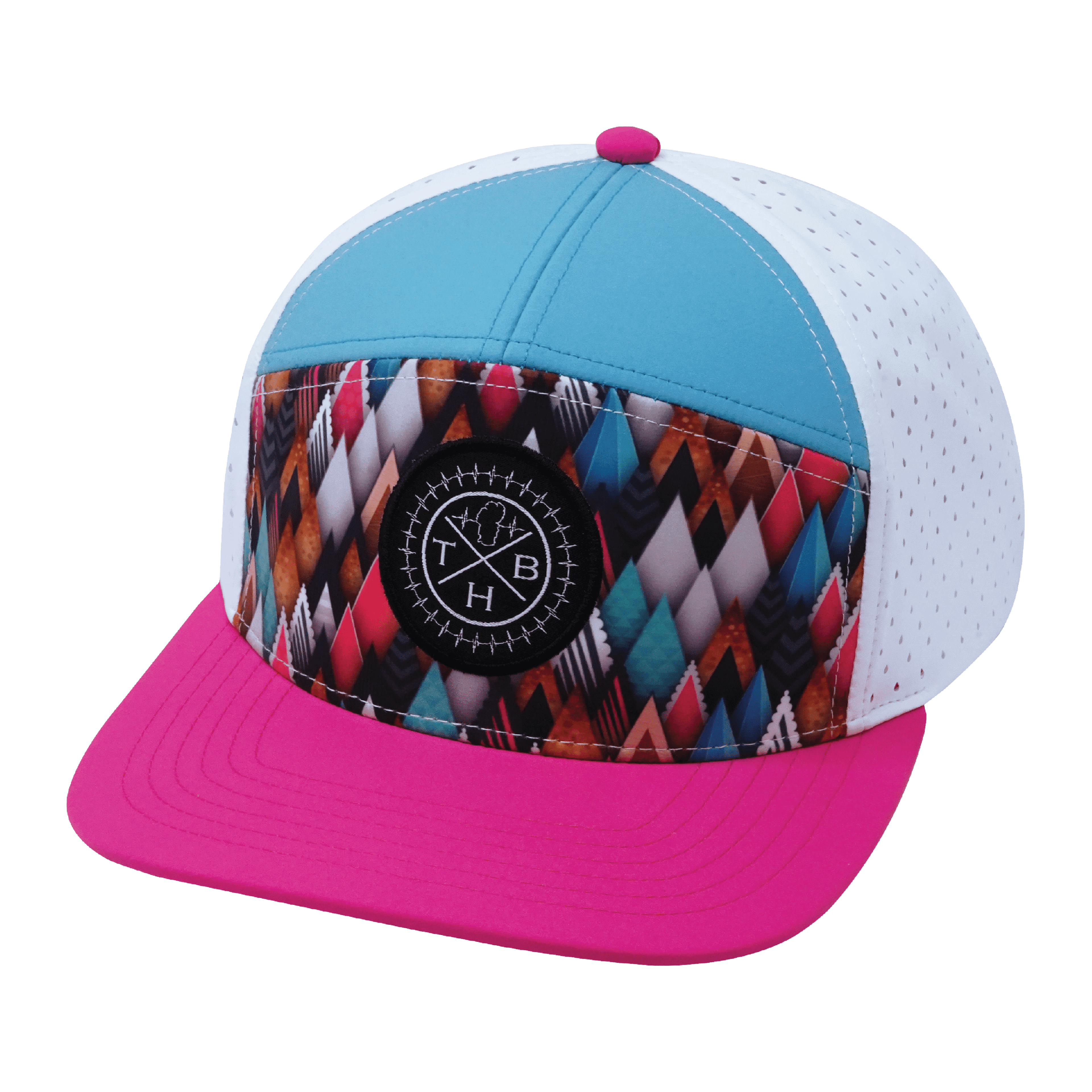 **ADULT** Color Vibes Hat - Flat Bill - Neon Peaks - Neon Pink / Neon Green Blue / White - Laser Mesh