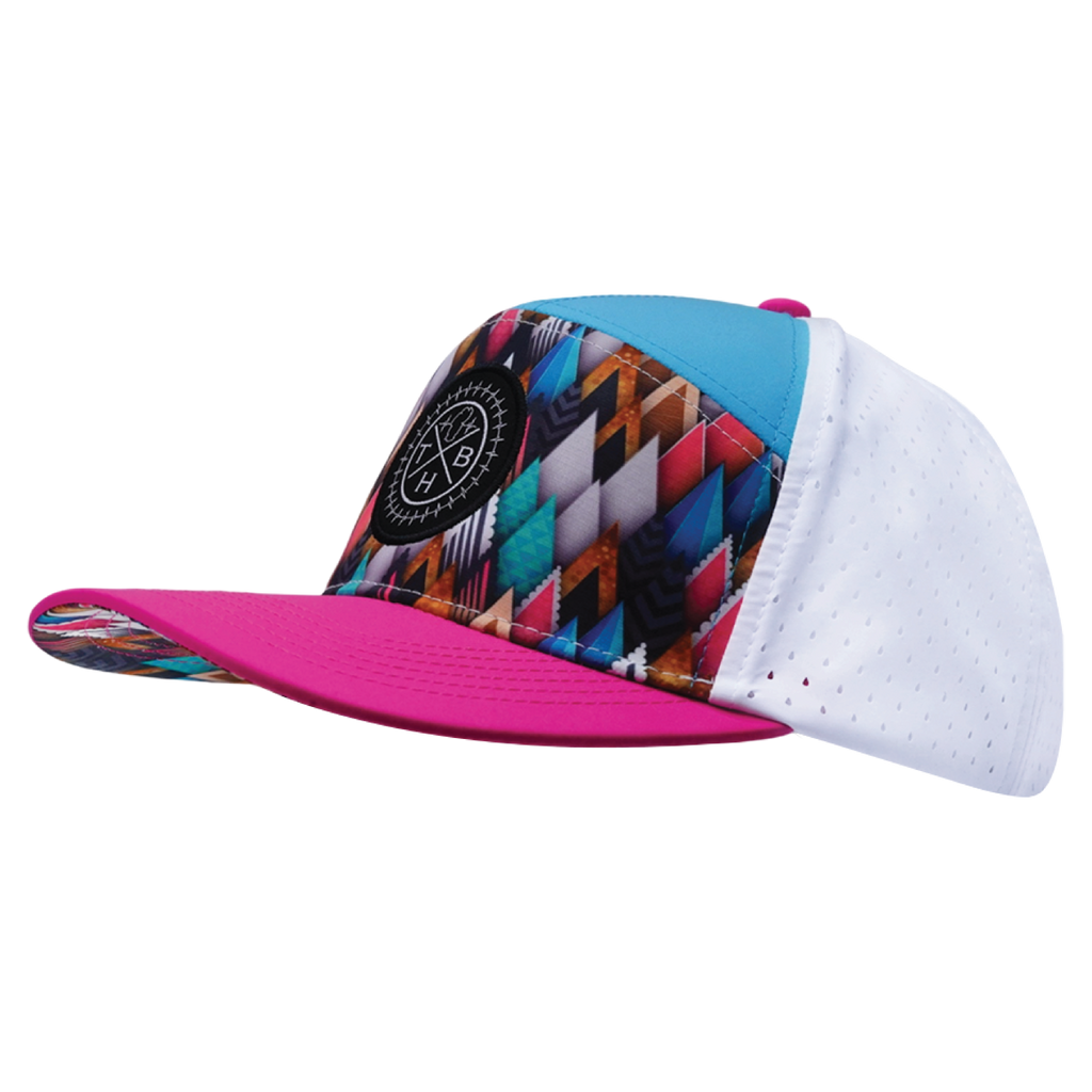 **ADULT** Color Vibes Hat - Flat Bill - Neon Peaks - Neon Pink / Neon Green Blue / White - Laser Mesh