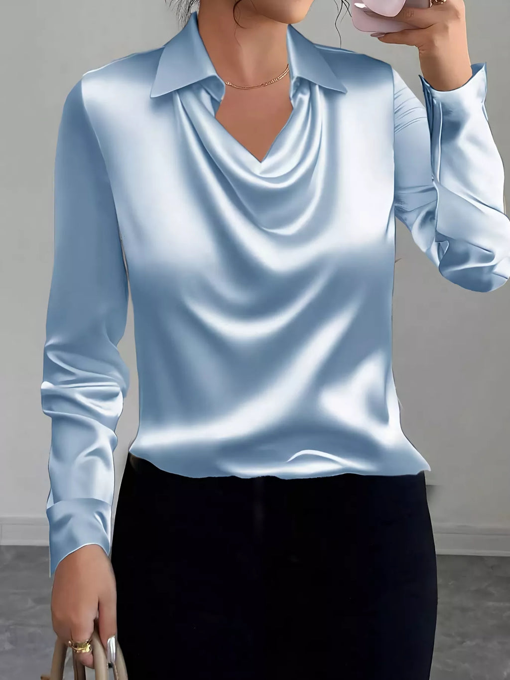 Satin Collared Neck Long Sleeve Blouse See size chart under “more details”