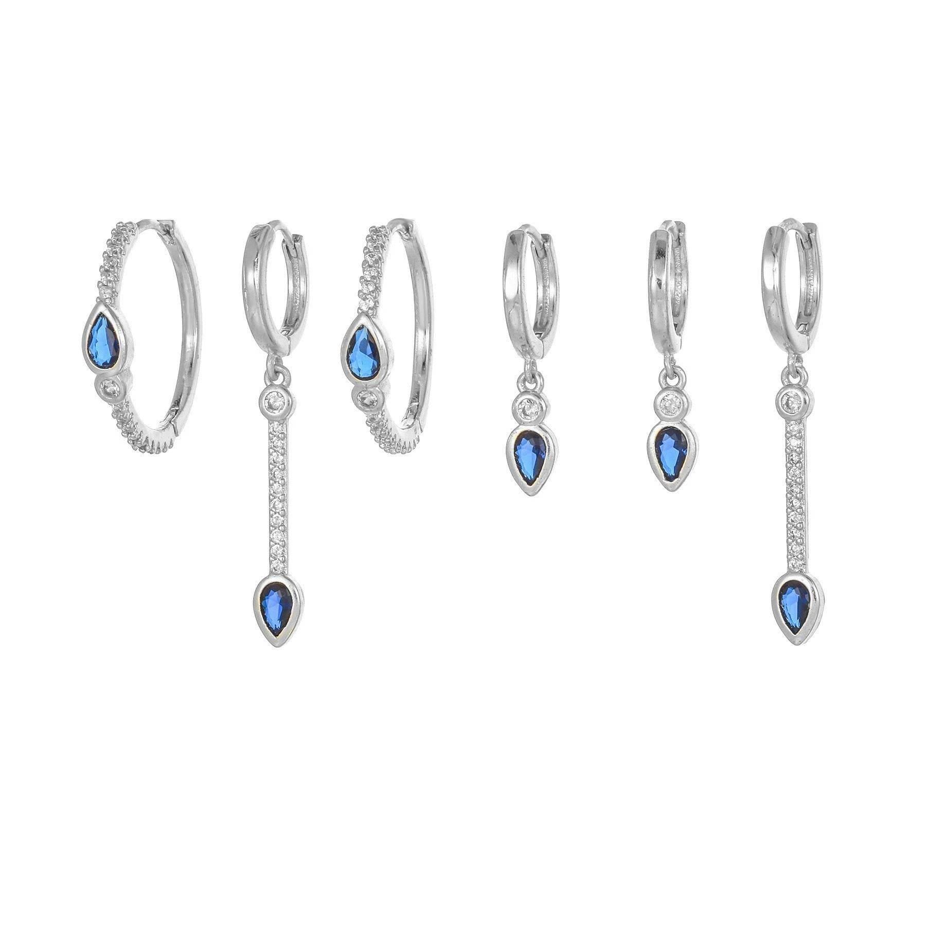 Multi Sets of Blue Flower Pierced Earrings, 4-6pcs, 18k Gold Plated Stud Drop Hoop Huggie Cuff Chain, S925 Needle, Stacked Lobe Designs with Dazzling Zirconia