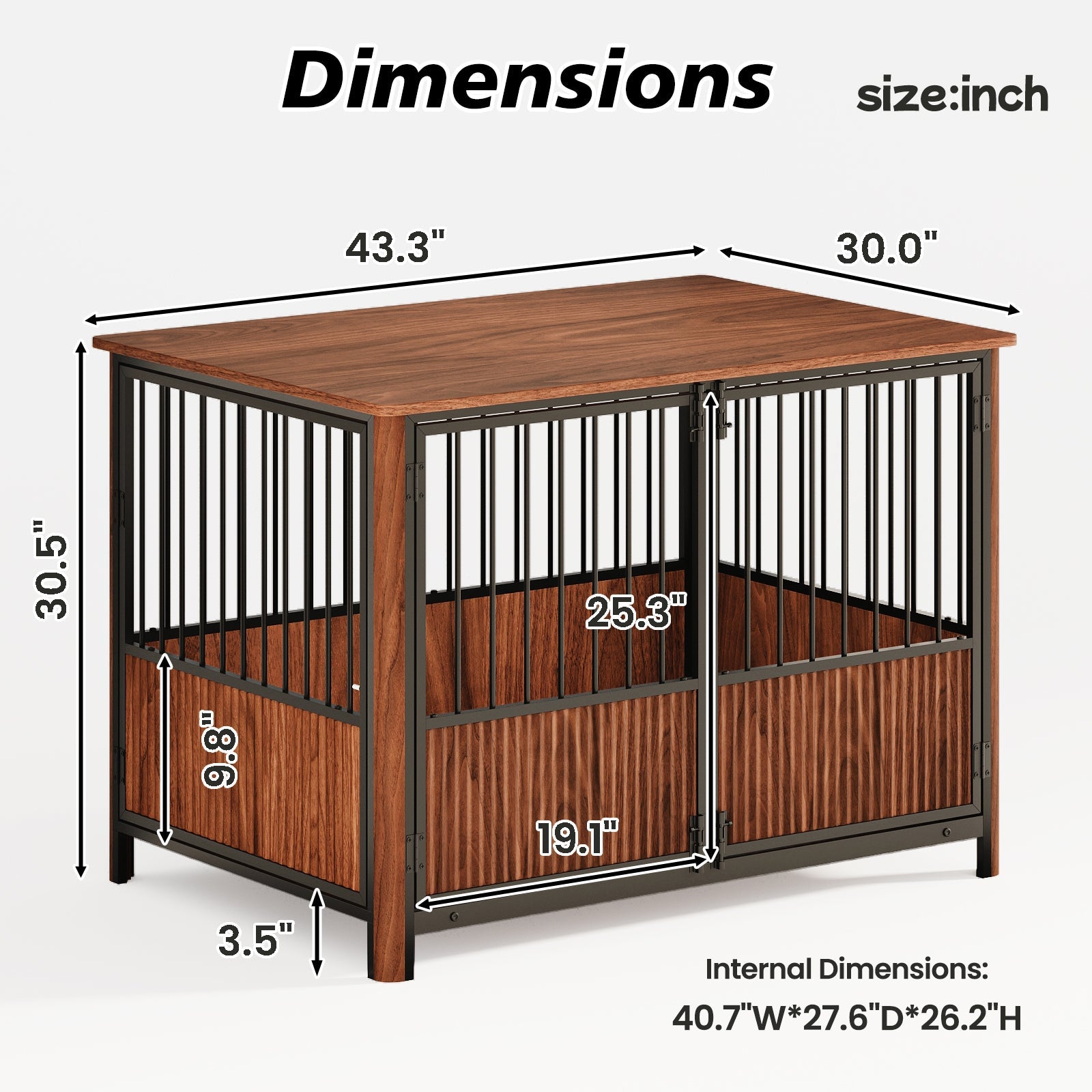 43'' Walnut Fluted Wood Furniture Style Dog Crate for Large & Medium Dogs - Double Door Design, Decorative Pet House & Indoor Side End Table.