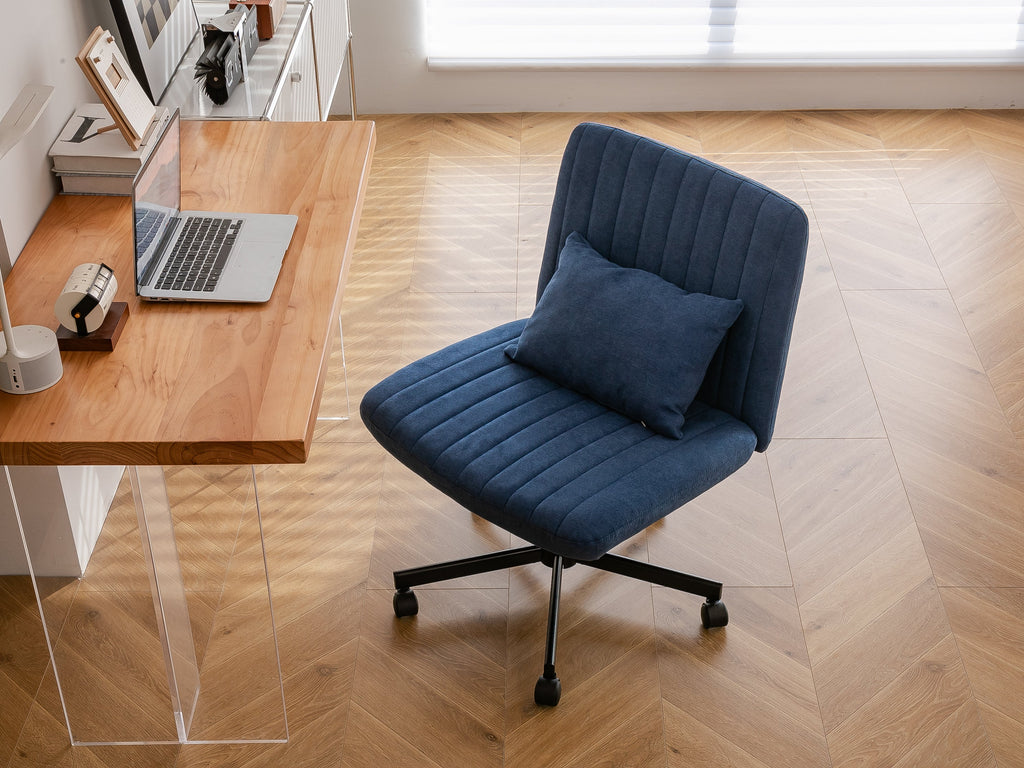 Swivel Office Chair Linen Blue Criss Cross Memory Foam 360 Degree 25.2 In