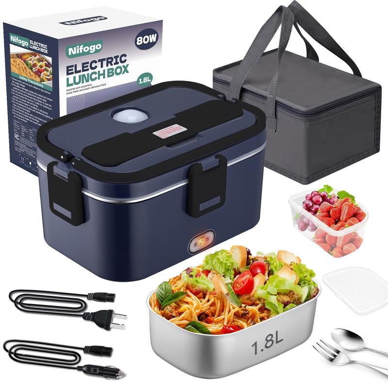 Electric Lunch Box 80W 1.5L Stainless Steel Bento Warmer with Indicator Light & Portable Tableware Set for Home Office Travel Food Quick Storage Fork 80W/1.5L/Black