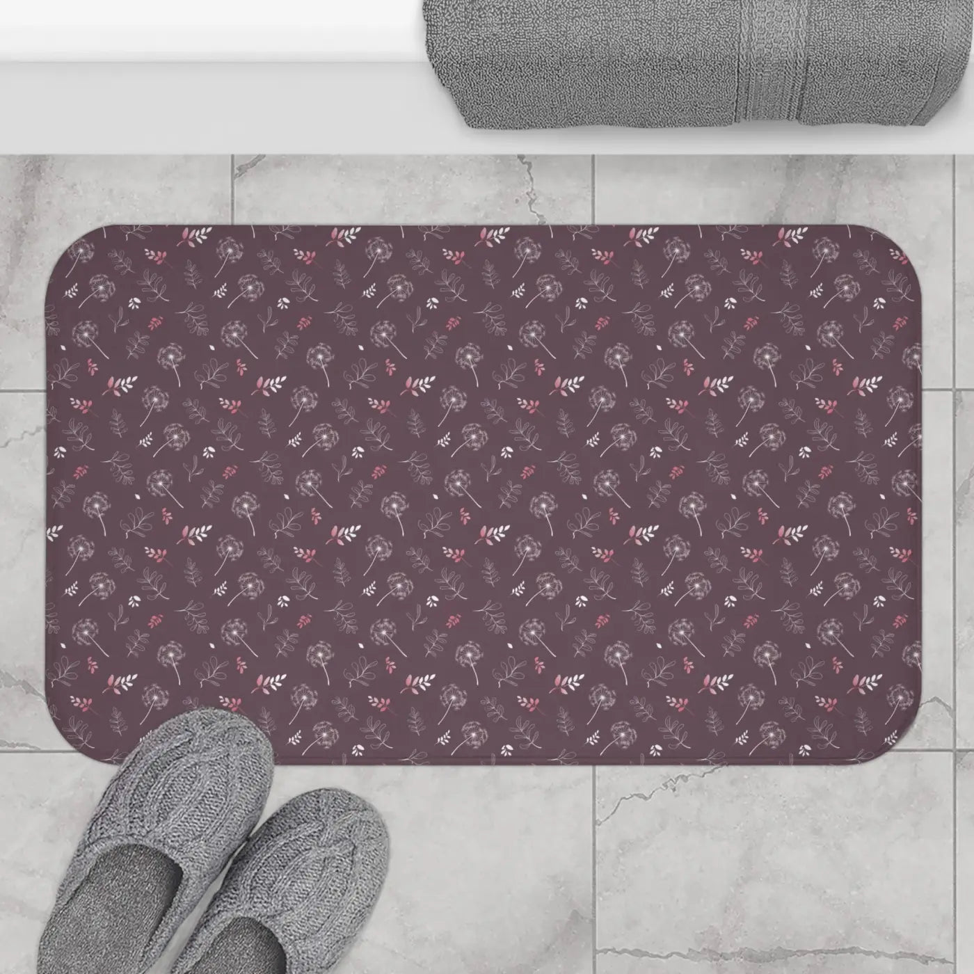 Mauve Bath Mat - Dandelion Design for Bathroom Decor - DipaliZ