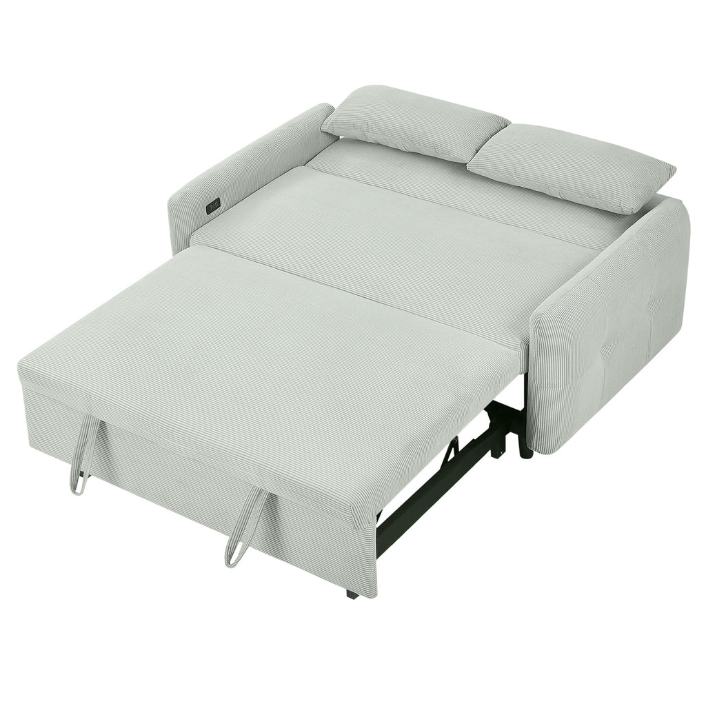 Modern Convertible Pull-out Sofa Bed Loveseat with USB Ports, Light Grey-Green Corduroy, 57.48 Inches