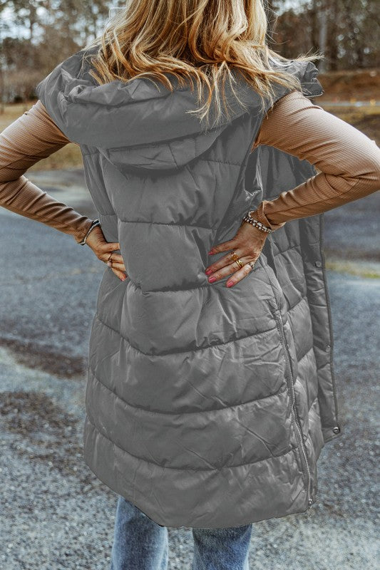 Solid Quilted Long Hooded Vest Coat