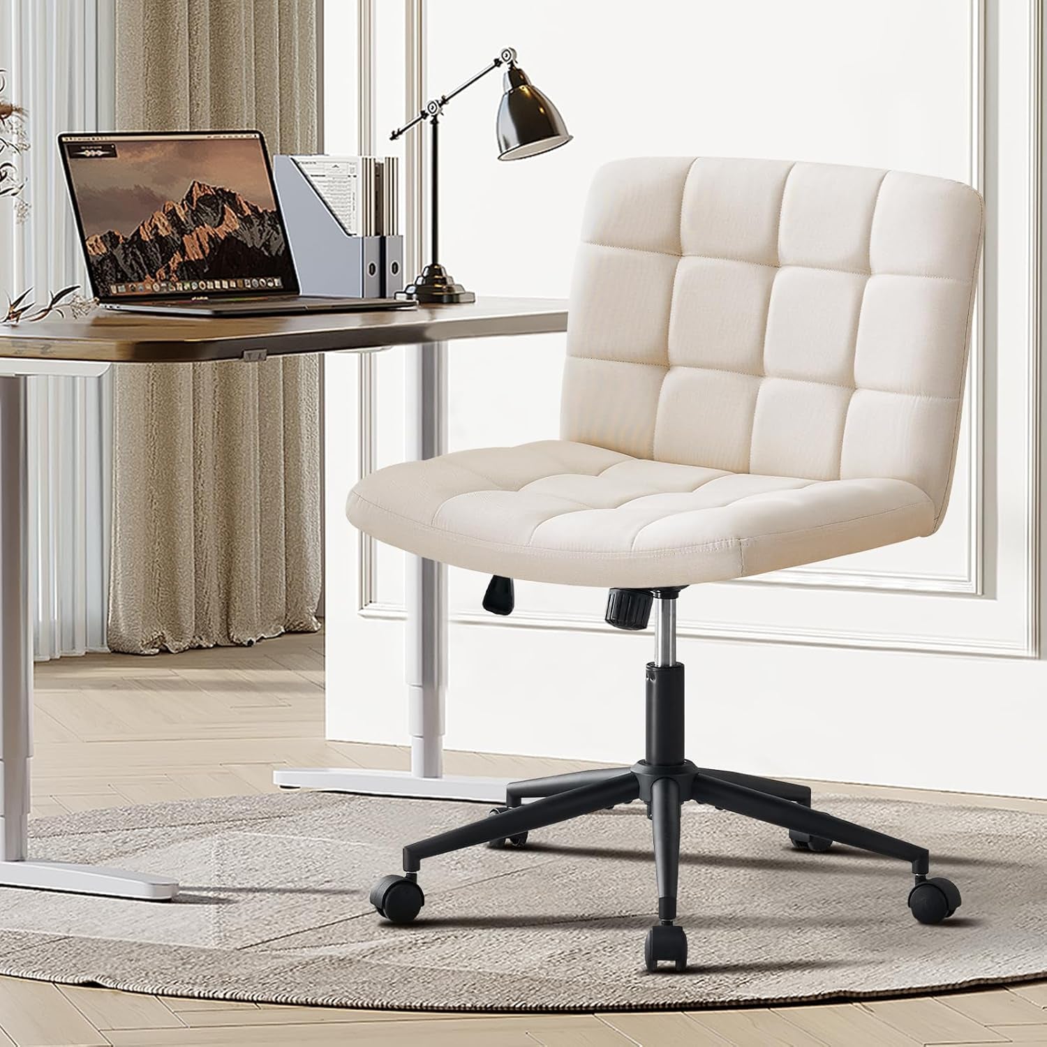 Height Adjustable Swivel Office Chair With Wheels Beige