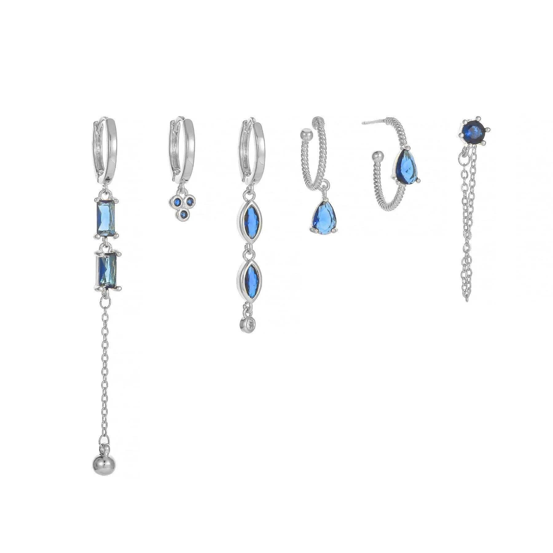 Multi Sets of Blue Flower Pierced Earrings, 4-6pcs, 18k Gold Plated Stud Drop Hoop Huggie Cuff Chain, S925 Needle, Stacked Lobe Designs with Dazzling Zirconia